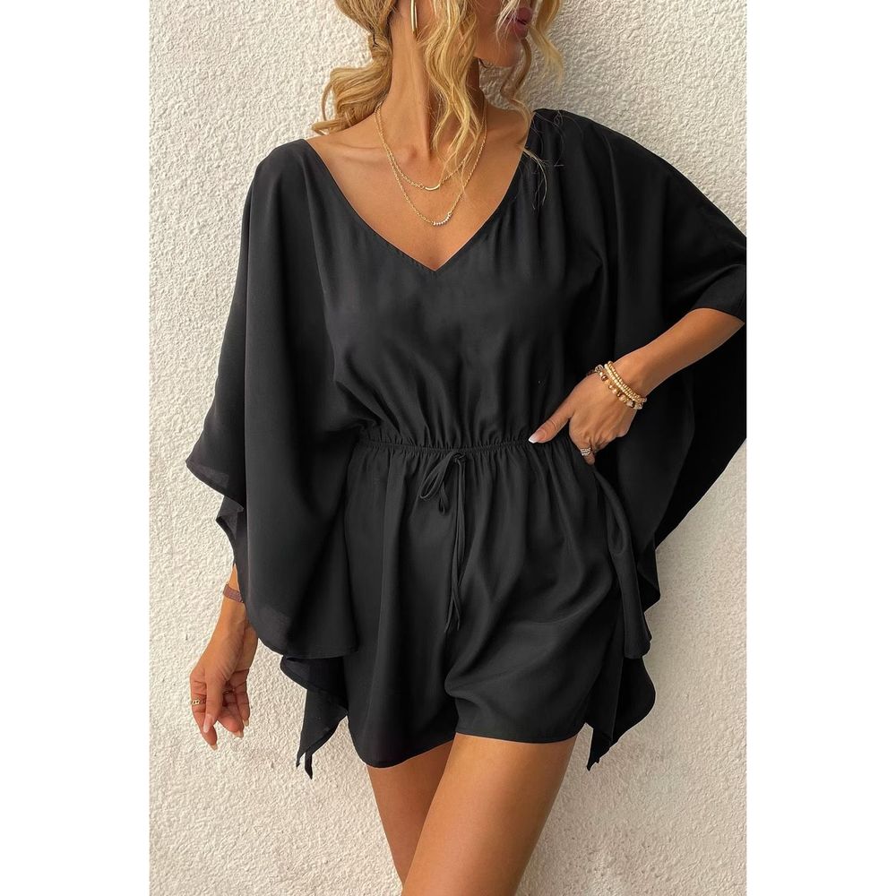 V-Neck Black Drawstring Romper - Women Pants & Jumpsuits